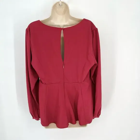 Torrid Womens Crepe Long Sleeve Peplum Blouse Tunic Top Sz 0 US 12 L Biking Red - Picture 7 of 12